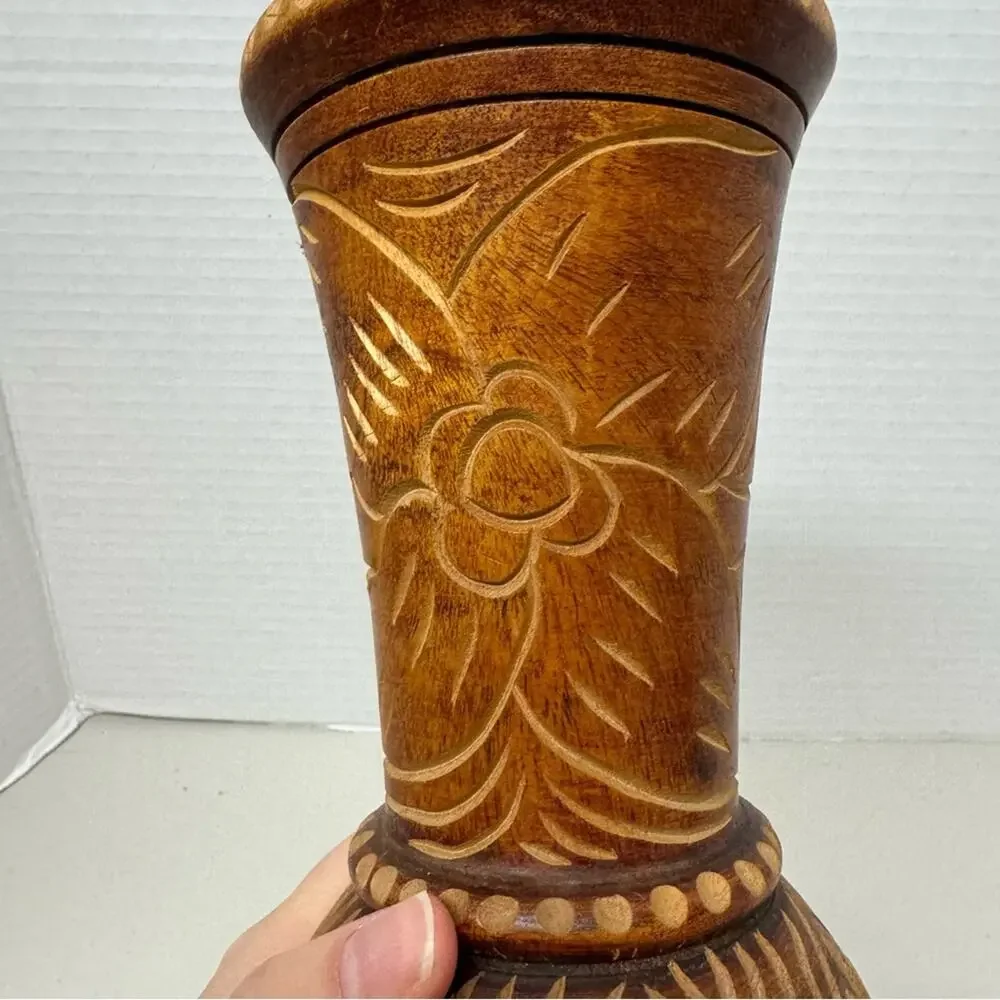 Vintage Wood Carved Tiki Vase Floral Boho Brown Home Decor